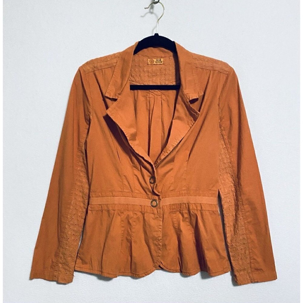 XCVI Womens Eyelet Trim Snap Front Blazer Burnt Orange Peplum Hem Cotton Boho